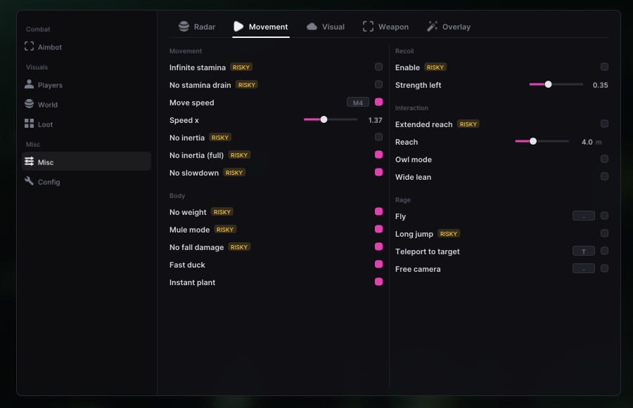 Raven Escape From Tarkov misc and movement menu